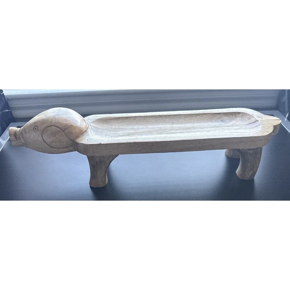 American Folk Art Carved Wooden Pig Tray Sculpture Standing Wood.